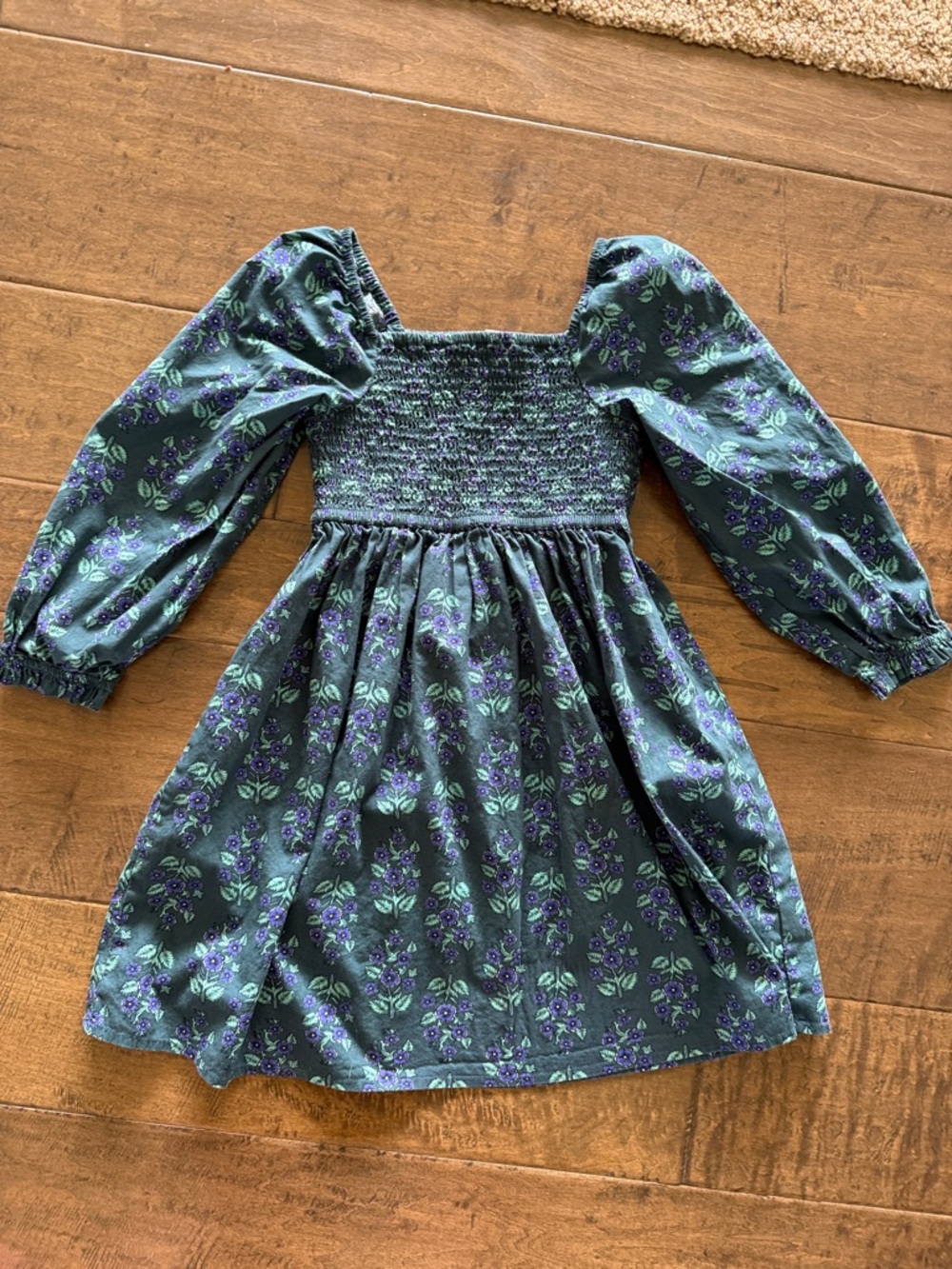 Crewcuts Green Floral Smocked Puff-Sleeve Dress with Purple Accents